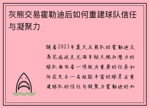 灰熊交易霍勒迪后如何重建球队信任与凝聚力